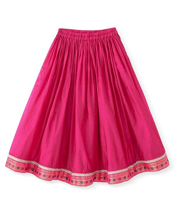 Babyhug Woven Short Puffed Sleeves Brocade Pattu Pavada Lehenga Choli & Dupatta Set- Fuschia