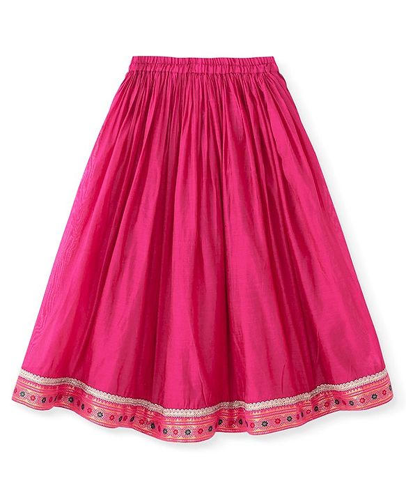 Babyhug Woven Short Puffed Sleeves Brocade Pattu Pavada Lehenga Choli & Dupatta Set- Fuschia