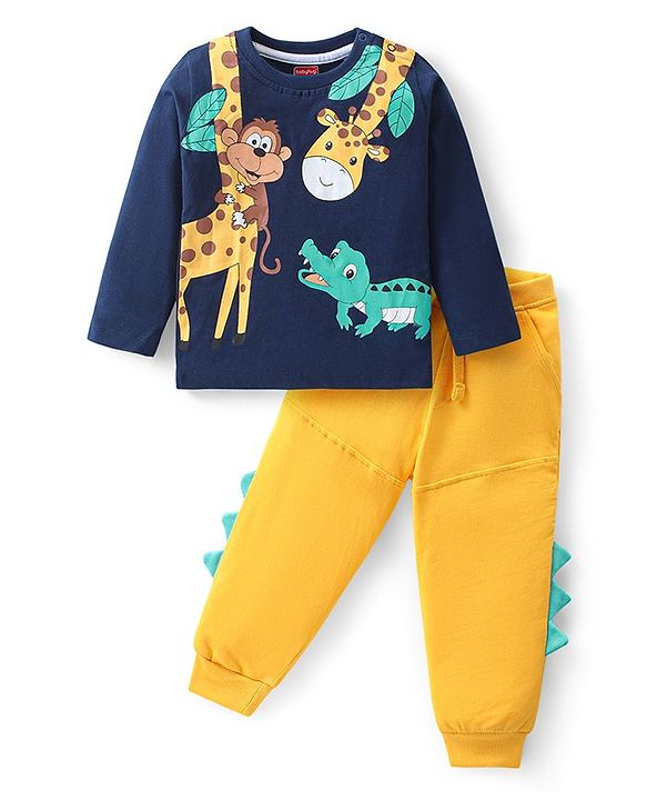 Babyhug Cotton Knit Full Sleeves T-Shirt & Lounge Pants Set With Animals Print - Blue & Yellow