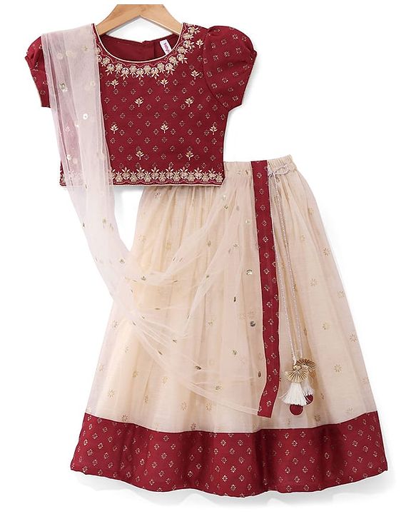 Babyhug Woven Short Sleeves Brocade Pattu Pavada Lehenga Choli & Dupatta Set - Beige & Maroon