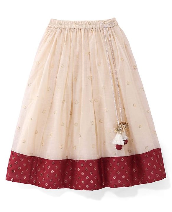 Babyhug Woven Short Sleeves Brocade Pattu Pavada Lehenga Choli & Dupatta Set - Beige & Maroon