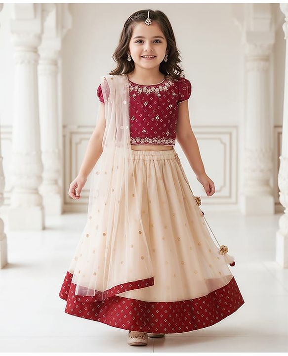 Babyhug Woven Short Sleeves Brocade Pattu Pavada Lehenga Choli & Dupatta Set - Beige & Maroon