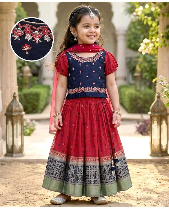 Babyhug Woven Short Sleeves Brocade Pattu Pavada Lehenga Choli & Dupatta Set- Red & Navy