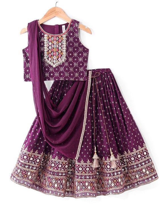 Babyhug Woven  Sleeveless  Mirror & Sequin Embroidered Lehenga Choli Set with Dupatta - Purple
