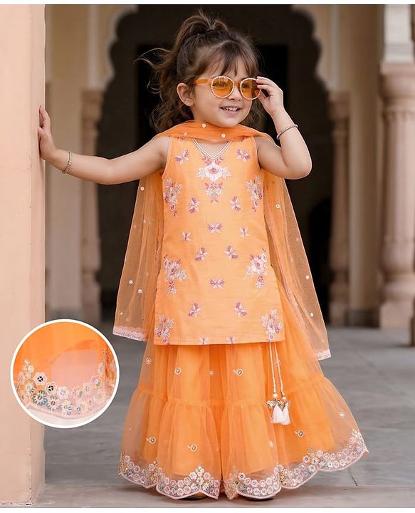 Babyhug Woven Sleeveless Halter Neck Sequinned & Floral Embroidered Choli With Net Lehenga and Dupatta - Orange