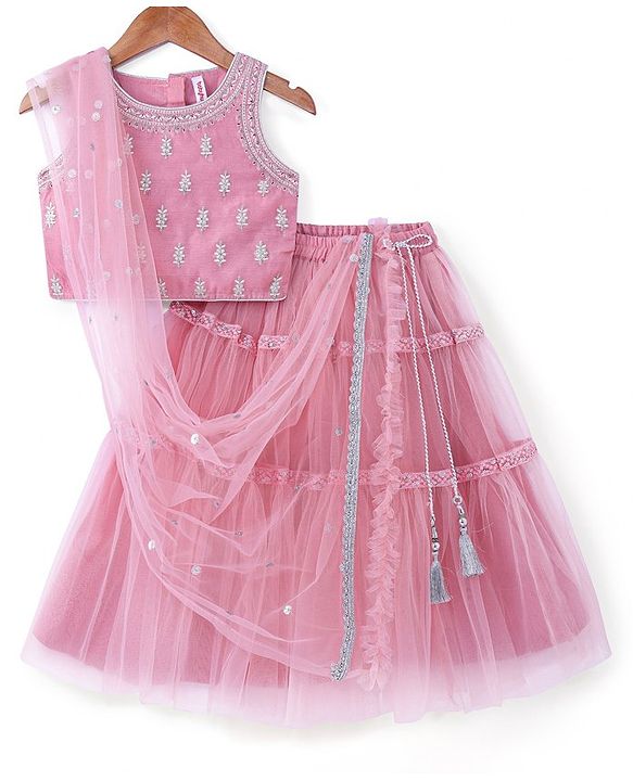 Babyhug Woven Sleeveless Embroidered Choli with Net Lehenga and Sequinned Detailing Dupatta Set - Pink