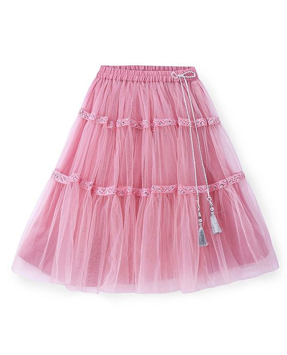 Babyhug Woven Sleeveless Embroidered Choli with Net Lehenga and Sequinned Detailing Dupatta Set - Pink