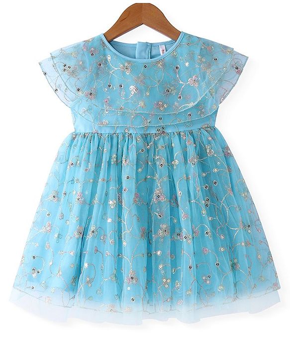 Babyhug Woven Short Sleeves Net Embroidered Dress - Blue