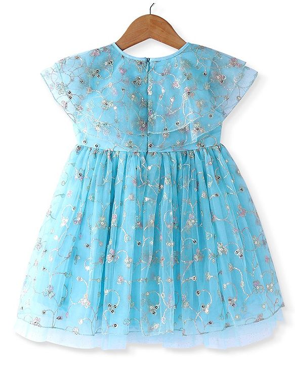 Babyhug Woven Short Sleeves Net Embroidered Dress - Blue