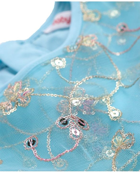 Babyhug Woven Short Sleeves Net Embroidered Dress - Blue
