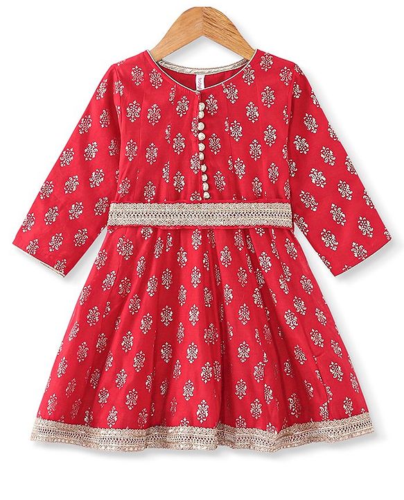 Babyhug Woven Three Fourth Sleeves Foil Printed Ethnic Dress - Red