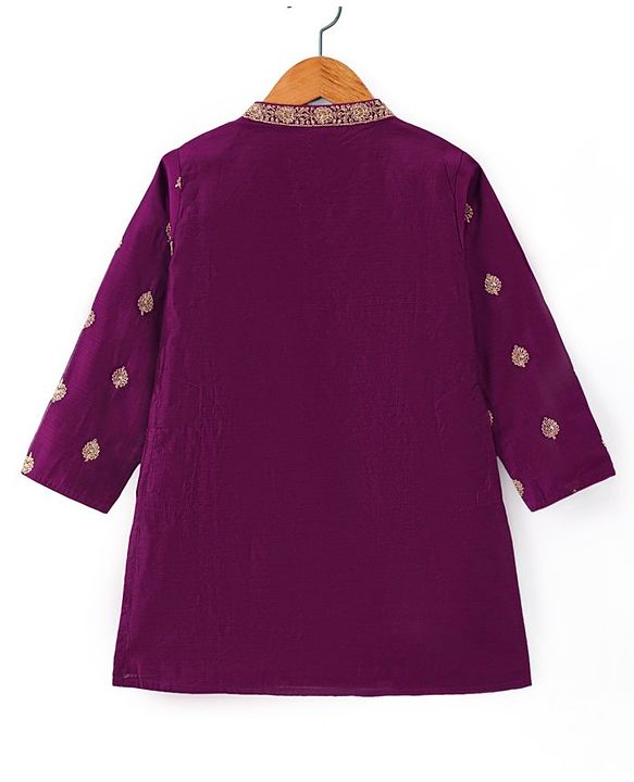 Babyhug Woven Full Sleeves Kurta Dhoti Set with Floral Embroidery - Purple