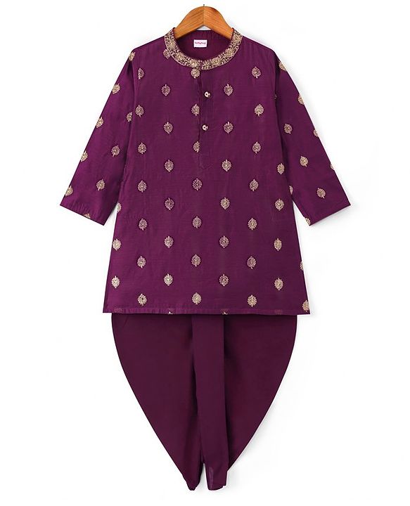 Babyhug Woven Full Sleeves Kurta Dhoti Set with Floral Embroidery - Purple