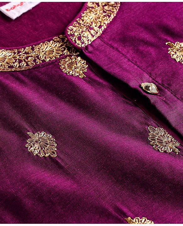 Babyhug Woven Full Sleeves Kurta Dhoti Set with Floral Embroidery - Purple