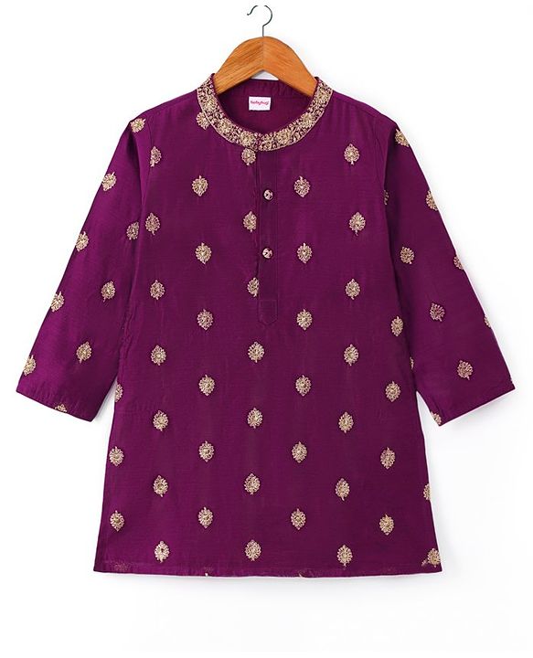 Babyhug Woven Full Sleeves Kurta Dhoti Set with Floral Embroidery - Purple