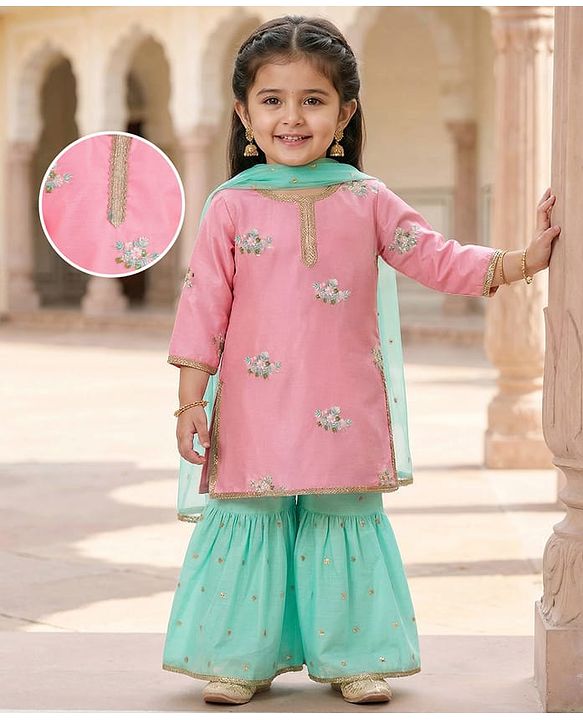 Babyhug Woven Full Sleeves Sequinned Chanderi Floral Embroidered Kurti Gharara & Net Dupatta Set - Pink & Blue