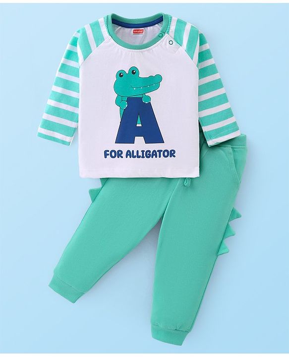 Babyhug Cotton Knit Raglan Sleeves T-Shirt & Lounge Pants Set With Alligator Print - White & Green