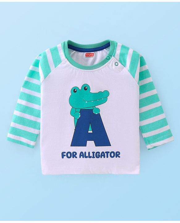 Babyhug Cotton Knit Raglan Sleeves T-Shirt & Lounge Pants Set With Alligator Print - White & Green