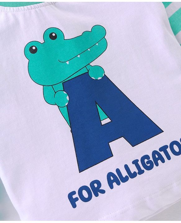 Babyhug Cotton Knit Raglan Sleeves T-Shirt & Lounge Pants Set With Alligator Print - White & Green