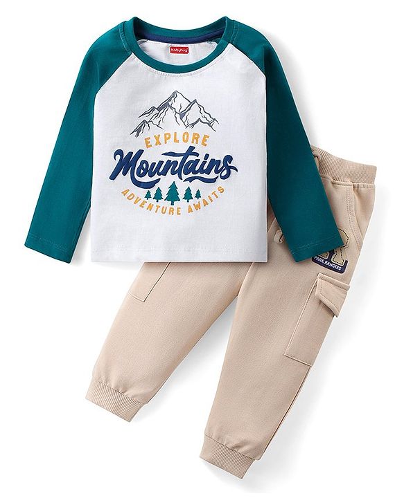 Babyhug Single Jersey Knit Full Sleeves T-Shirt & Lounge Pants Set With Mountain Print - White & Beige