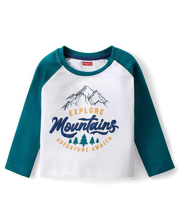 Babyhug Single Jersey Knit Full Sleeves T-Shirt & Lounge Pants Set With Mountain Print - White & Beige
