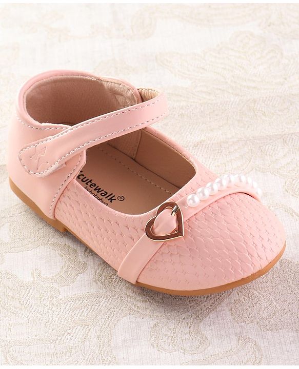 Cute Walk by Babyhug Velcro Closure Ballerina with Pearls & Heart Applique - Pink