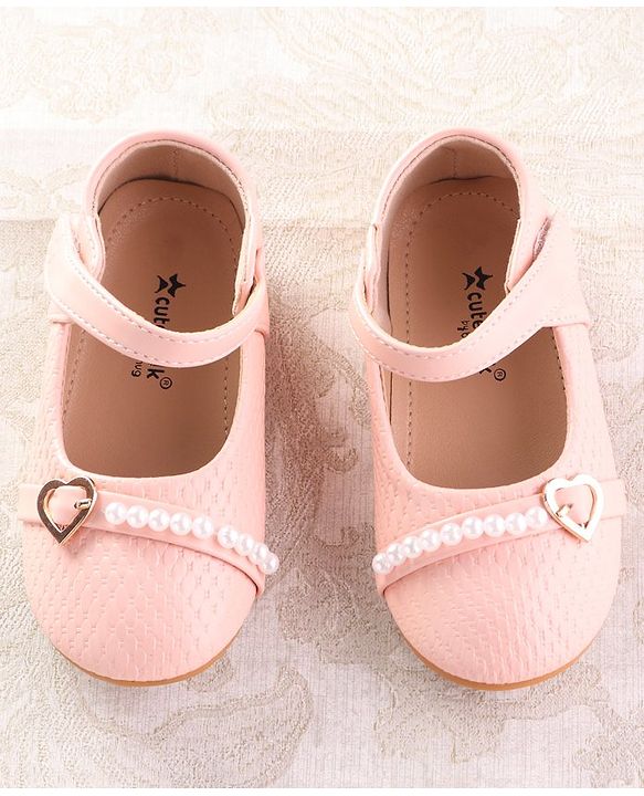 Cute Walk by Babyhug Velcro Closure Ballerina with Pearls & Heart Applique - Pink