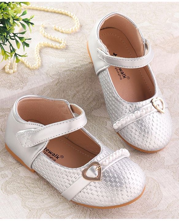 Cute Walk by Babyhug Velcro Closure Ballerina with Pearls & Heart Applique - Silver