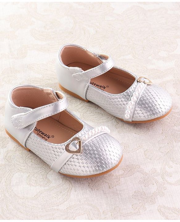 Cute Walk by Babyhug Velcro Closure Ballerina with Pearls & Heart Applique - Silver