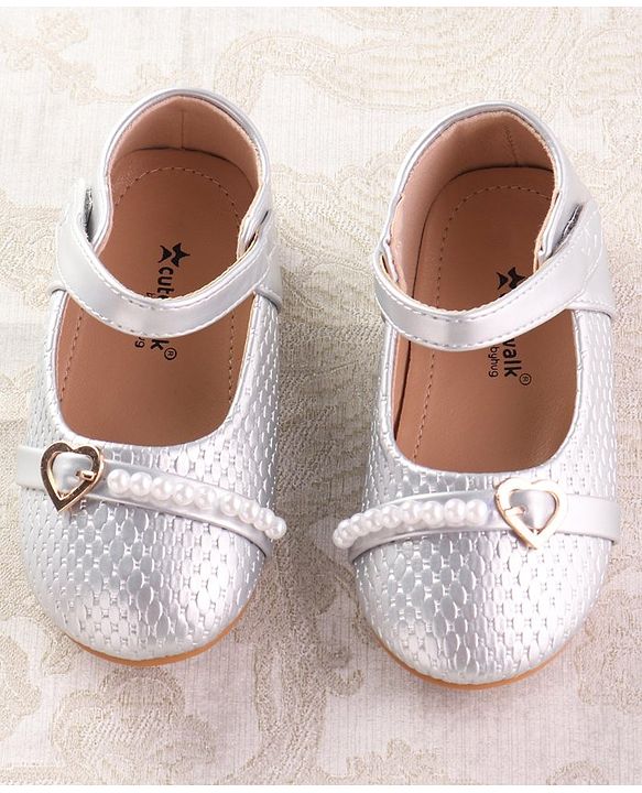 Cute Walk by Babyhug Velcro Closure Ballerina with Pearls & Heart Applique - Silver