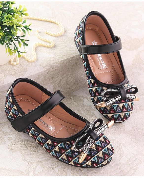 Cute Walk by Babyhug Ballerinas with Velcro Closure  Chevron Print & Bow Applique - Black