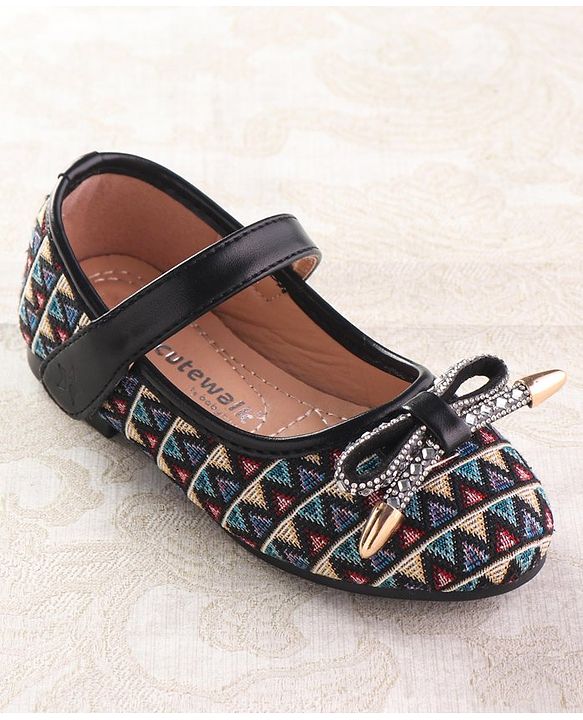 Cute Walk by Babyhug Ballerinas with Velcro Closure  Chevron Print & Bow Applique - Black