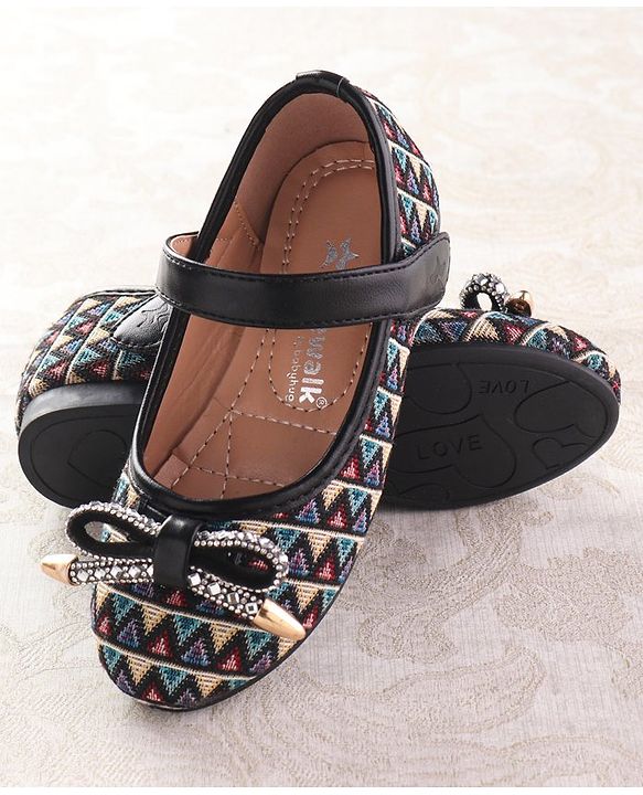 Cute Walk by Babyhug Ballerinas with Velcro Closure  Chevron Print & Bow Applique - Black