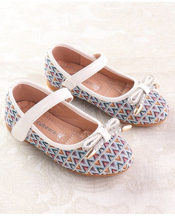 Cute Walk by Babyhug Ballerinas with Velcro Closure Chevron Print & Bow Applique - White