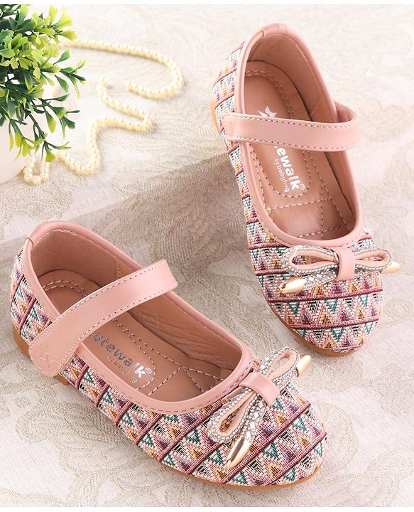 Cute Walk by Babyhug Ballerinas with Velcro Closure  Chevron Print & Bow Applique - Black