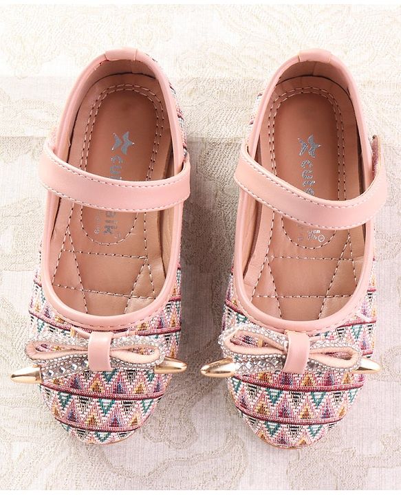 Cute Walk by Babyhug Ballerinas with Velcro Closure  Chevron Print & Bow Applique - Black