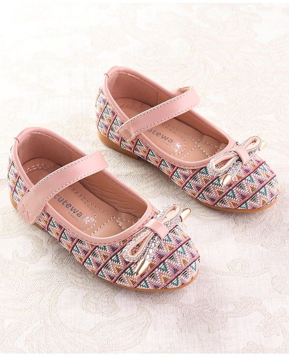 Cute Walk by Babyhug Ballerinas with Velcro Closure  Chevron Print & Bow Applique - Black