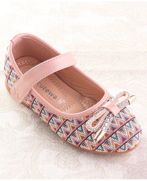 Cute Walk by Babyhug Ballerinas with Velcro Closure  Chevron Print & Bow Applique - Black
