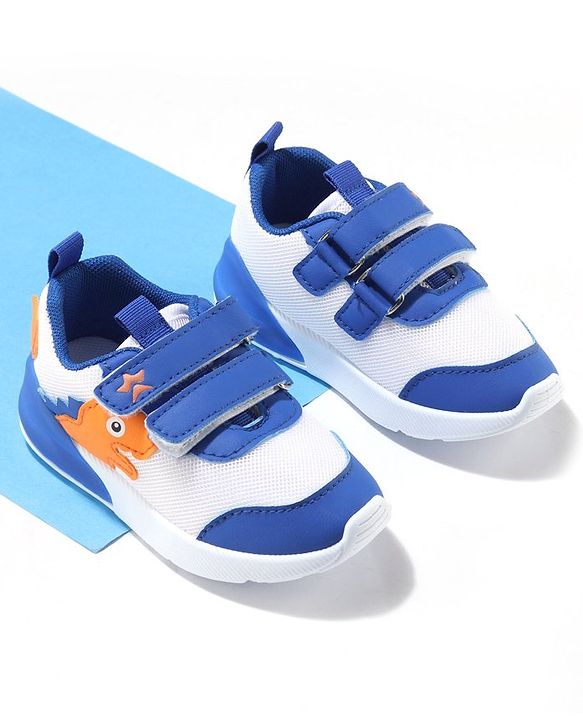 Cute Walk by Babyhug Velcro Closure Sneakers With Dino Patch Applique - White & Royal Blue