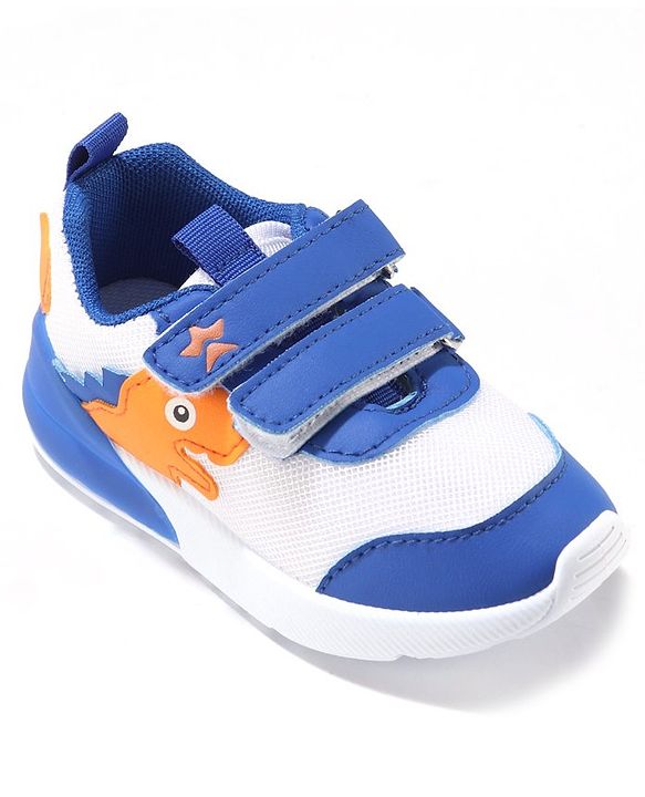 Cute Walk by Babyhug Velcro Closure Sneakers With Dino Patch Applique - White & Royal Blue