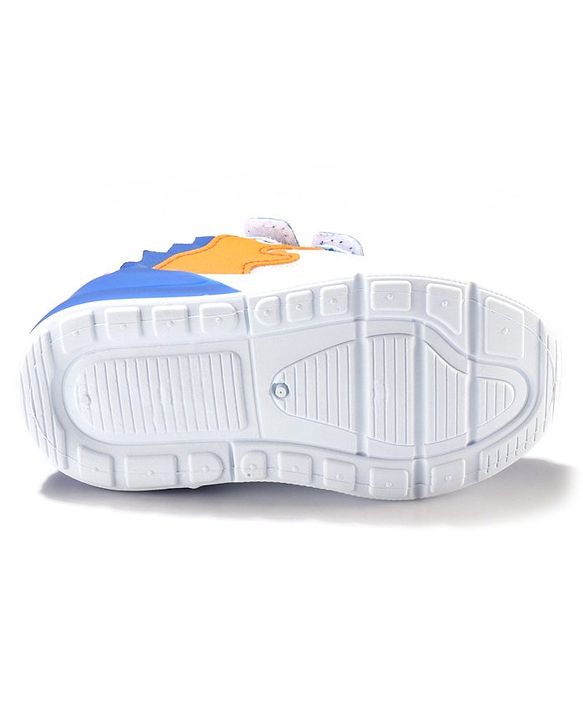 Cute Walk by Babyhug Velcro Closure Sneakers With Dino Patch Applique - White & Royal Blue