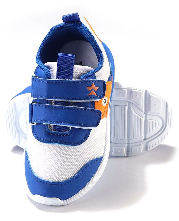 Cute Walk by Babyhug Velcro Closure Sneakers With Dino Patch Applique - White & Royal Blue
