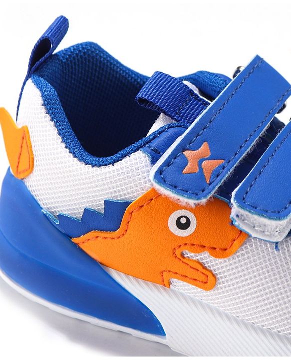 Cute Walk by Babyhug Velcro Closure Sneakers With Dino Patch Applique - White & Royal Blue