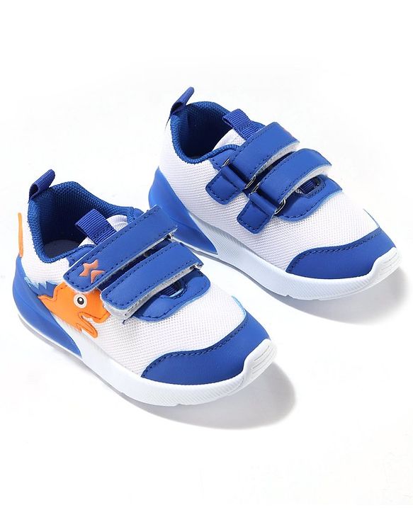 Cute Walk by Babyhug Velcro Closure Sneakers With Dino Patch Applique - White & Royal Blue