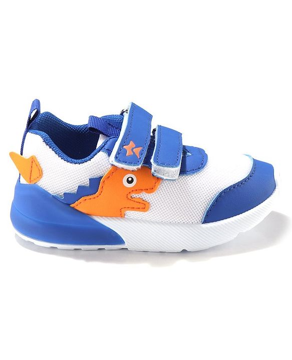 Cute Walk by Babyhug Velcro Closure Sneakers With Dino Patch Applique - White & Royal Blue
