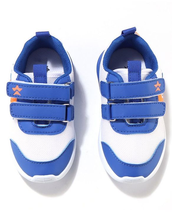 Cute Walk by Babyhug Velcro Closure Sneakers With Dino Patch Applique - White & Royal Blue