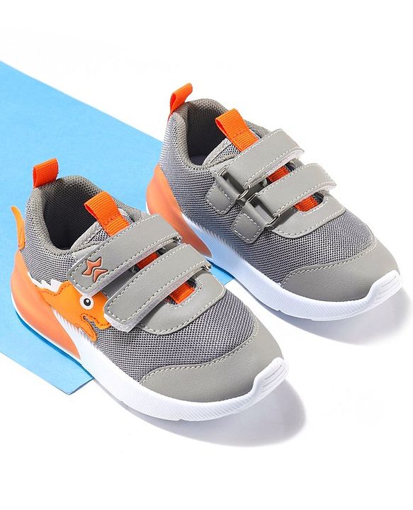Cute Walk by Babyhug Velcro Closure Sneakers With Dino Patch Applique - Grey