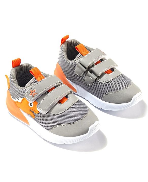 Cute Walk by Babyhug Velcro Closure Sneakers With Dino Patch Applique - Grey