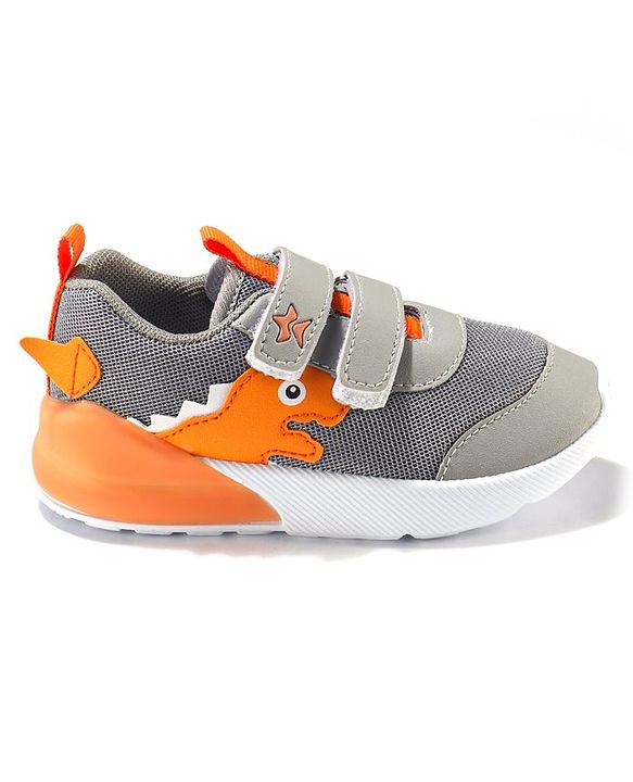 Cute Walk by Babyhug Velcro Closure Sneakers With Dino Patch Applique - Grey