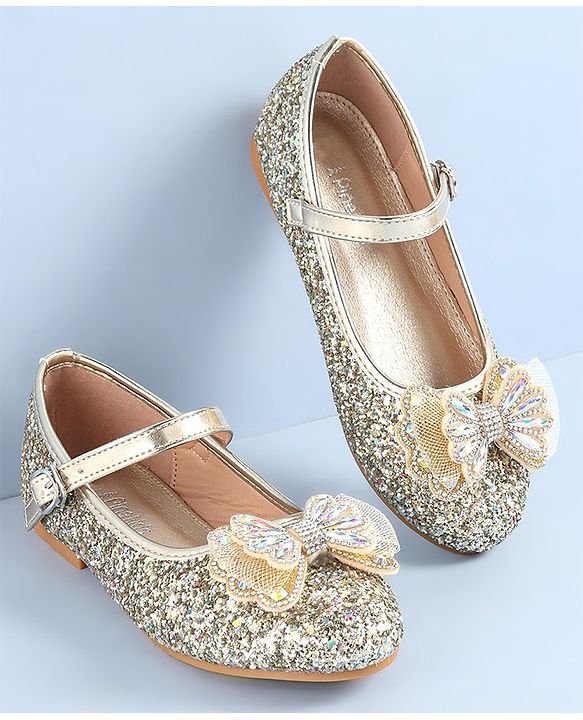 Pine Kids Ballerinas with Velcro & Buckle Closure Bow Applique - Golden